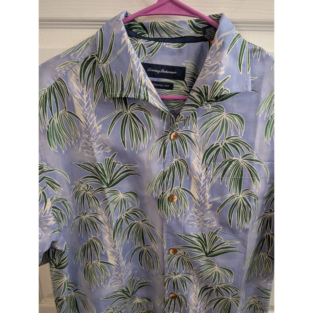 Tommy Bahama Hawaiian Shirt Mens Blue Silk Blend Palm Tree Original Fit - Size M - Picture 5 of 6